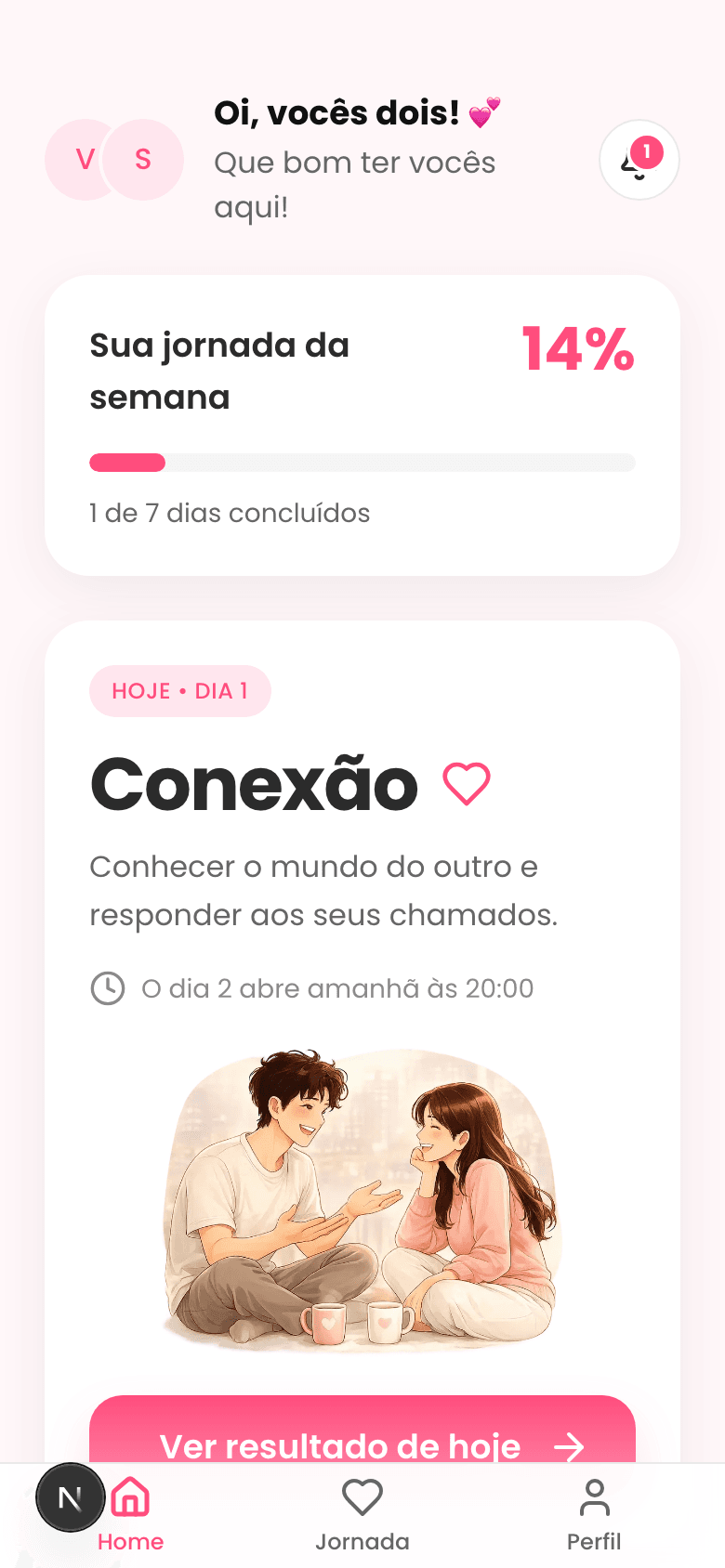 Tela inicial do Aora: progresso da semana, o tema do dia e a trilha dos sete dias